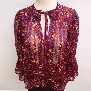 Sabina Musayev Maroon Floral Sheer Top Size Small